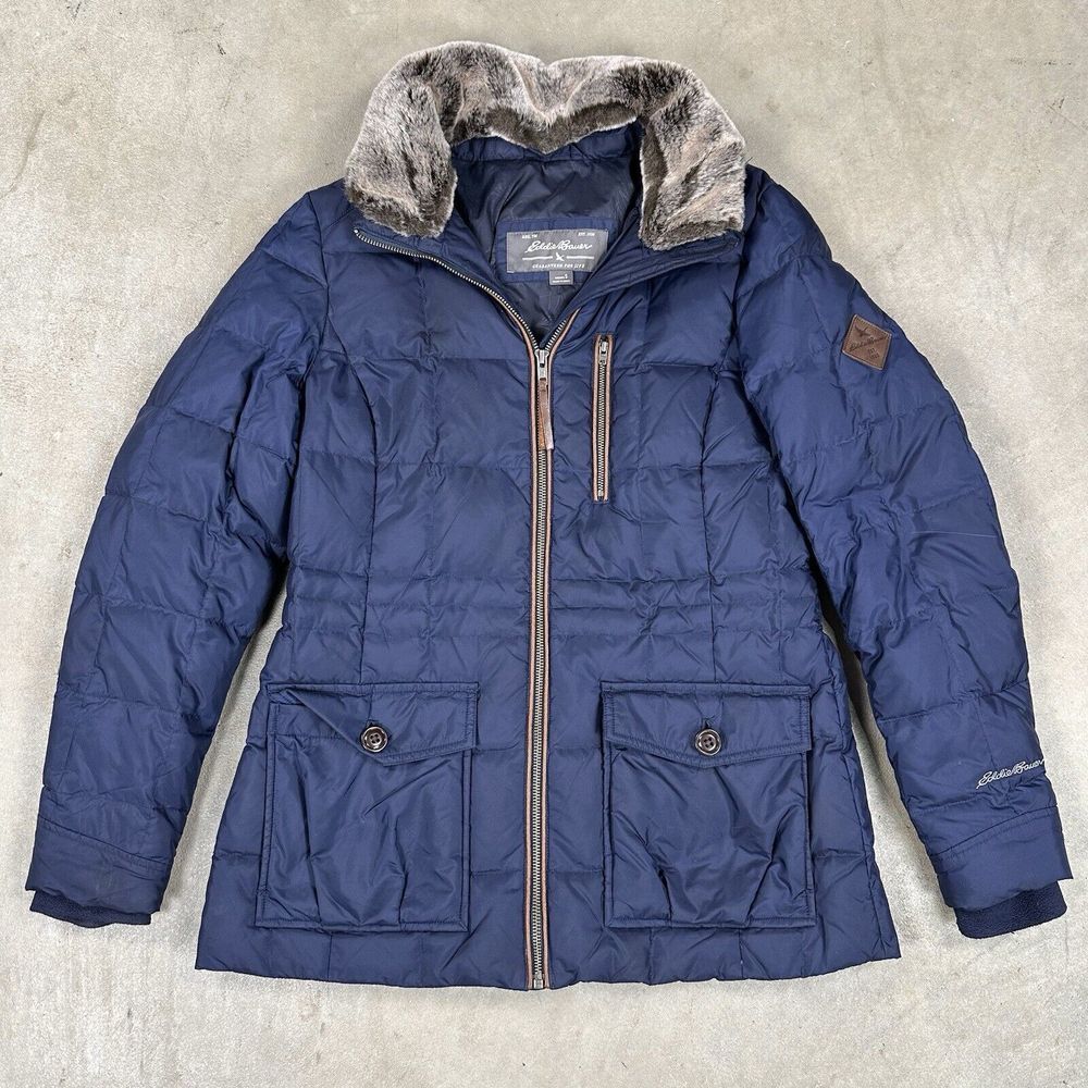 Eddie Bauer Women's Small Down Filled Full Zip Winter Jacket Navy Blue Faux Fur‎
